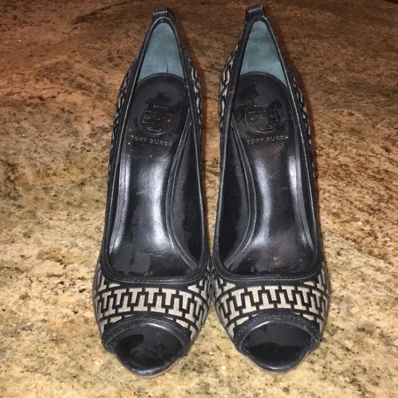 Tory Burch Reagan Heels Open Toe Stilettos Black/Cream - Size 9 - Picture 4 of 16